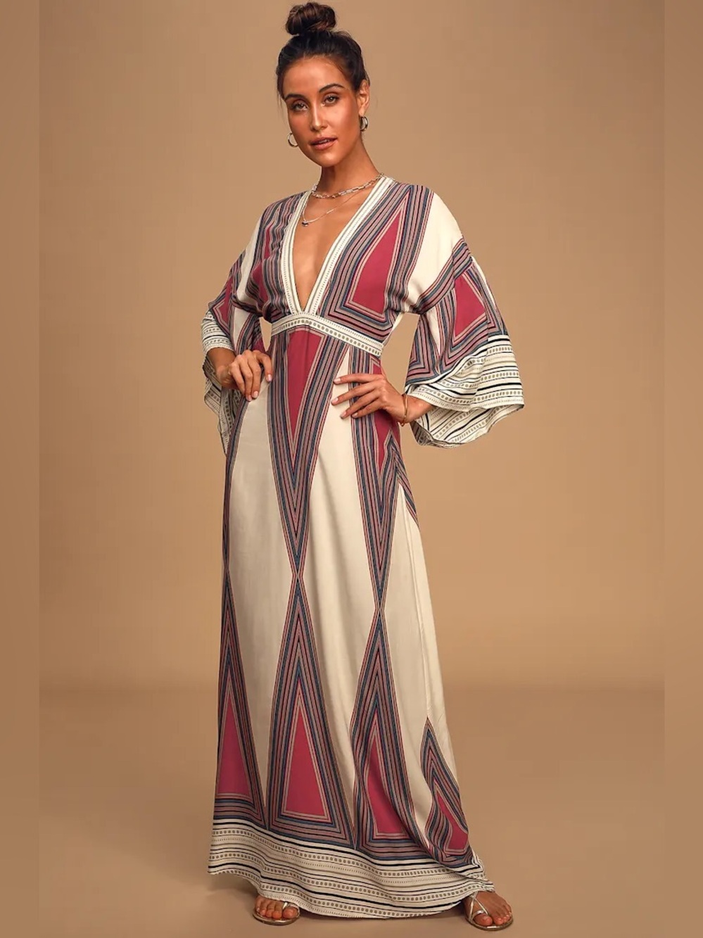 Lulus Montecito Cream Print Maxi Dress Size M Geometric Kimono Sleeve Boho